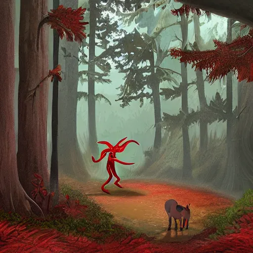 Prompt: red kobold walking through the forest art by matt wilson