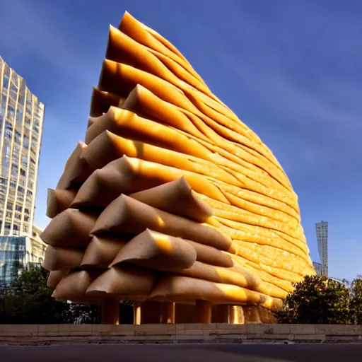 Image similar to a towering impressive building made of bread, cheese, and lunchmeat, dramatic lighting, bokeh, designed by frank gehry