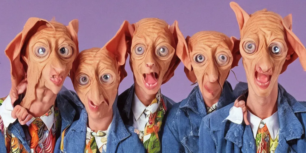 Image similar to six eyed dobby coneheads 1980s pop band, 1980s surrealism aesthetic, detailed facial expressions