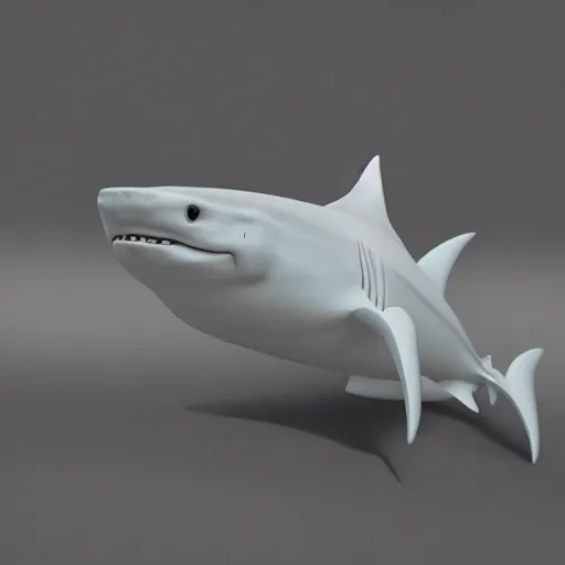 Image similar to 3 d render, hyper realistic anthropomorphic shark, male, clothing made from seaweed.