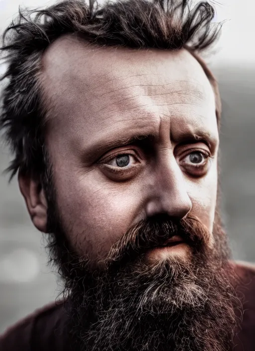 Image similar to photorealistic portrait photograph of forsen looking at you, twitch tv, hobo, long beard, depth of field, soft focus, highly detailed, intricate, realistic, national geographic cover, soft glow, textured skin