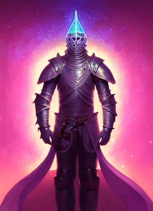 Image similar to a male knight faceless glowing liquefied stardust adventurer, dnd fantasy character, full body portrait, glowing neon skin, magical aura, ultra realistic, intricate, elegant, highly detailed, digital painting, artstation, smooth, sharp, focus, illustration, art by artgerm and greg rutkowski and alphonse mucha and dan mumford, sacred geometry