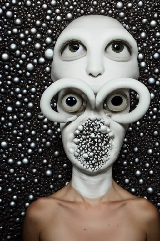 Image similar to full head and shoulders, beautiful porcelain female person, mixed with three giant frog spawn eyes, smooth, delicate facial features, white detailed eyes, white lashes, 3 d white shiny thick, larg tentacles and eyeballs, background is an empty art gallery, by daniel arsham and james jean, featured in pictoplasma