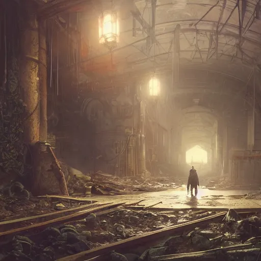 Image similar to painting of a post scenery at metro, ultra realistic, concept art, intricate details, eerie, highly detailed, fallout, metro 2 0 3 3, wasteland, photorealistic, octane render, 8 k, unreal engine 5. art by artgerm and greg rutkowski and alphonse mucha