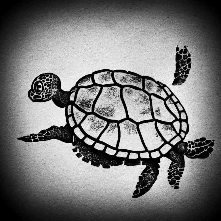 Image similar to simple yet detailed illustration of a warana sea turtle, use of negative space mandatory, artwork created by Mike Mignola and Banksy in the style of a cartoon and tattoo stencil, black ink illustration,no shadings, black on white only, smooth curves