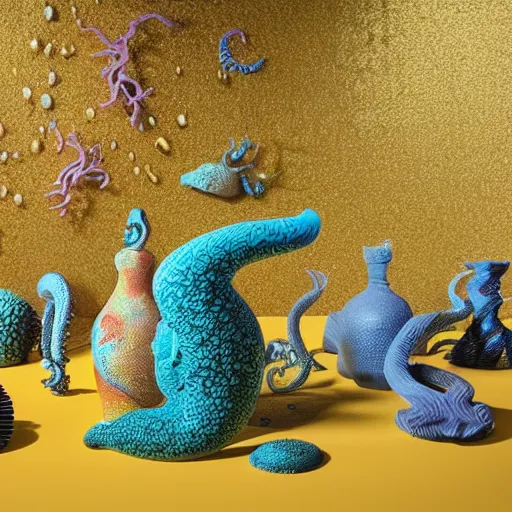 Prompt: ceramic colourful patterned sculptures, soft 3d render, diffused lighting, underwater, atlantis world, gold leaf ceramic pieces and trim, gold lines tentacles, artwork by shary boyle + Yeesookyung