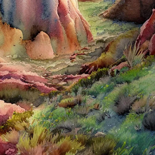 Image similar to stunning lush natural scene on another planet, with weird vegetation, cliffs and colour. beautiful light. soft colour scheme. beautiful artistic detailed watercolor by lurid. ( 2 0 2 2 )