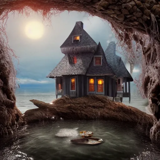 Prompt: a witches house on the ocean, epic scene, redshift render, cgi, hyper - detailed, photo - bash, 8 k post - production, masterpiece