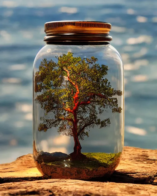 Prompt: glass jar with a burning oak tree inside, standing on a cliff, bokeh, ocean in the background, metal lid, dramatic lighting, hyperrealistic, volumentric lighting, highly detailed