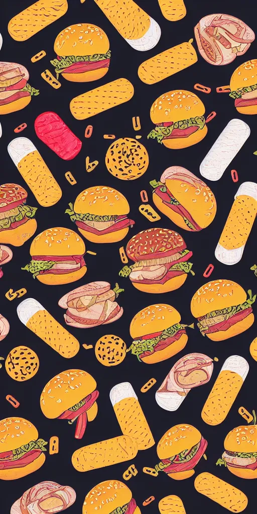 Image similar to seamless pattern of hamburgers and cigarettes, colourful, symmetrical, repeating 35mm photography, toiletpaper magazine