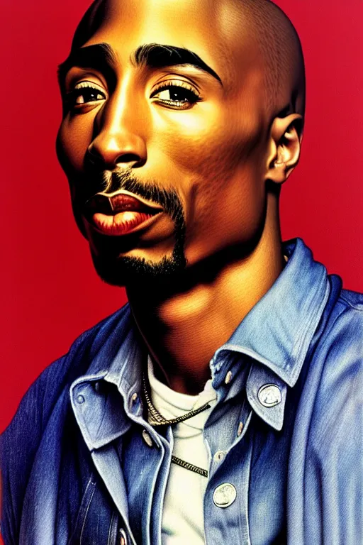 Prompt: tupac shakur portrait by gil elvgren and norman rockwell and rob gonsalves and hajime sorayama, hyperrealistic, high detail, ultra detailed, highly detailed face, ruffled fabric