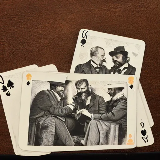 Prompt: photo of inside a wagon Phileas Fogg and Detective Fix playing cards,