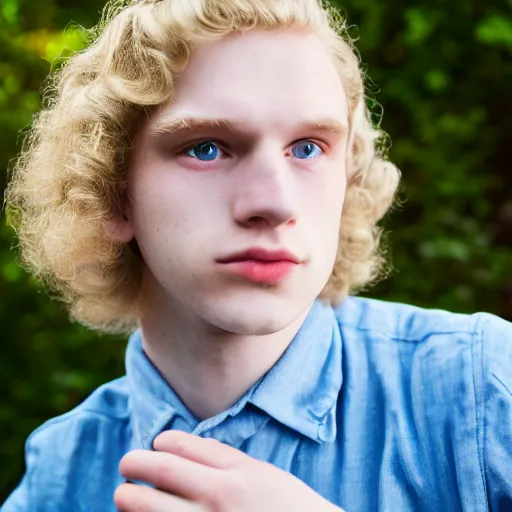 Image similar to close up of 1 8 year old man with wavy / curly light blonde hair, blue eyes, pale complexion, wearing 1 9 5 0 s clothing, 8 5 mm f / 1. 4