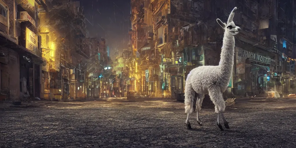 Image similar to a llama walking through a desolate city street at night, realistic 4 k octane beautifully detailed render, 4 k post - processing, highly detailed, intricate complexity, epic composition, magical atmosphere, cinematic lighting, masterpiece, ultra hd