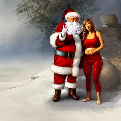 Image similar to santa claus next to his beautiful helper who is wearing a bikini, highly detailed, digital painting, illustration, in the style of greg rutkowski