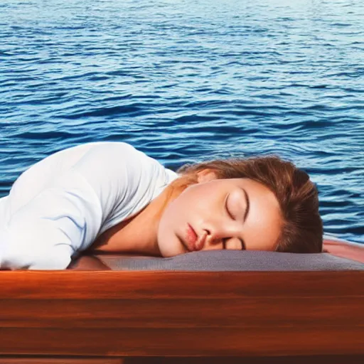 Image similar to a woman sleeping in a bed that is floating in the ocean