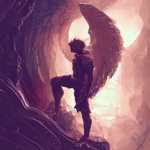 Image similar to angel protecting man, detailed intricate ink illustration, happy atmosphere, detailed illustration, hd, 4k, digital art, overdetailed art, by greg rutkowski, by loish, complementing colors, Trending on artstation, movie poster style