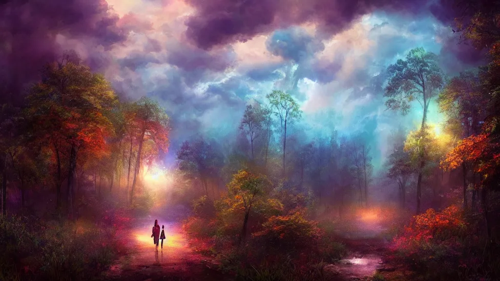 Image similar to Beautiful Summer storm in the woods” Beautiful Dreamscape, Digital art, concept art, detailed, lovely colors, Art station,3-D 4K, beautiful background, matte painting, ,