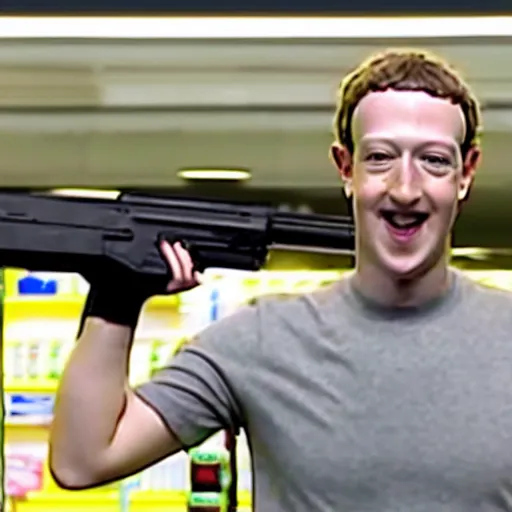 Image similar to cctv footage of mark zuckerberg holding a shotgun in a convenient store