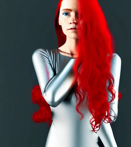 Image similar to realistic detailed profile portrait of a young beautiful cyberpunk woman with long red hair wearing a silver dress by family guy