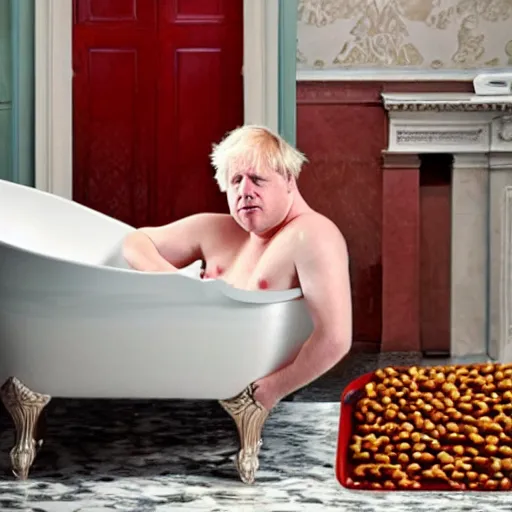 Prompt: Boris Johnson sitting in a bathtub full of baked beans, photograph