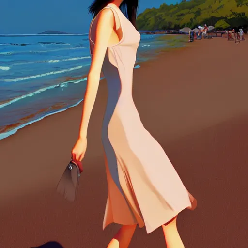 Prompt: slim cruel girl in dress with brown bob hair, elegant, walk down the beach, 2 d, ultra highly detailed, digital painting, smooth, sharp focus, artstation, art by ilya kuvshinov,