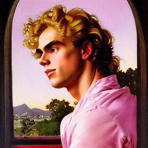 Prompt: beautiful portrait painting of Dio Brando with long curly blond hair, delicate young man wearing a wispy pink silk dress smiling sleepily at the viewer, symmetrically parted curtain bangs, in love by J.C Leyendecker and Norman Rockwell