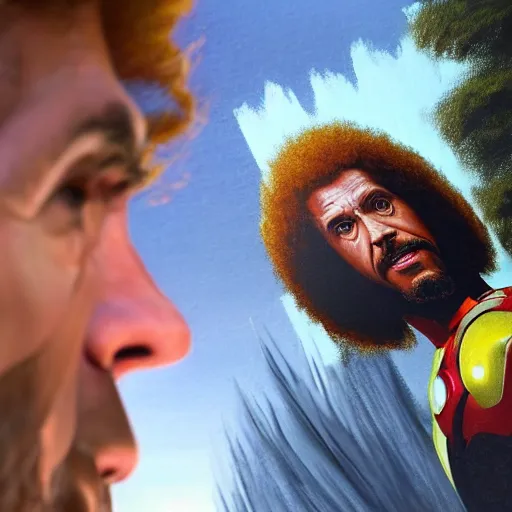Image similar to a closeup photorealistic photograph of bob ross diligently finishing a canvas painting featuring iron man on the canvas. mountains and trees. film still. brightly lit scene. this 4 k hd image is trending on artstation, featured on behance, well - rendered, extra crisp, features intricate detail, epic composition and the style of unreal engine.