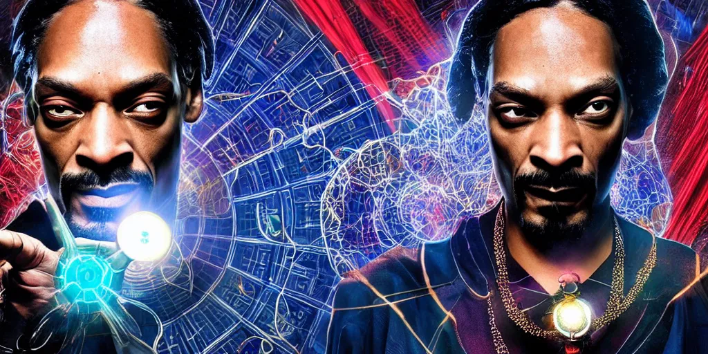 Prompt: snoop dogg as doctor strange, multiple dimensions, shattered glass, refractions, highly detailed, environmental light, cinematic by francis tneh