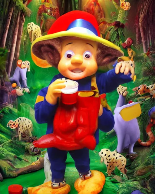 Prompt: noddy drinking milk in a haunted jungle full of cheese at midnight with disco lights and dancing policeman