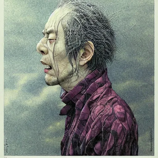 Image similar to a simple concept art portrait of a man in anguish, an award winning yoshitaka amano digital art, by, james gurney and gerhard richter. art by takato yamamoto. masterpiece, deep colours.