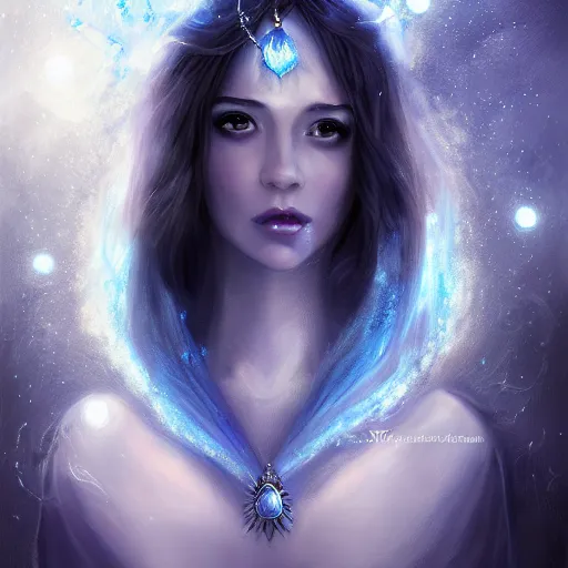 Prompt: masterpiece portrait of an aesthetic beautiful mage woman, ice spell, 3 0 years old woman, soft thin face, light eyes, black dynamic hair, wearing silver diadem with blue gems inlays, silver necklace, digital painting by wlop, atmospheric effects, chaotic blue sparks dynamics background, intricate, artstation, fantasy