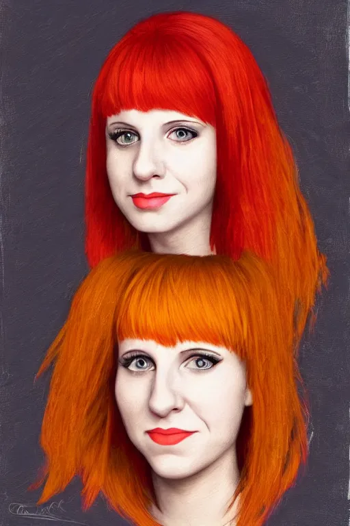 Image similar to ultra realistic hayley williams face portrait in the style of grant wood