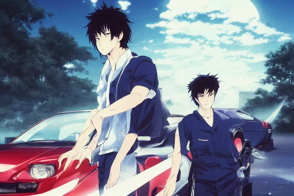 Image similar to aesthetic anime portrait illustration of ryosuke takahashi with black hair, dark blue shirt and white pants, standing by his white glossy mazda rx 7 on an empty highway at sunrise, cinematic lighting, initial d anime 1 0 8 0 p, 9 0 s anime aesthetic, volumetric lights, rule of thirds, unreal engine 5 render, pinterest wallpaper, trending on artstation