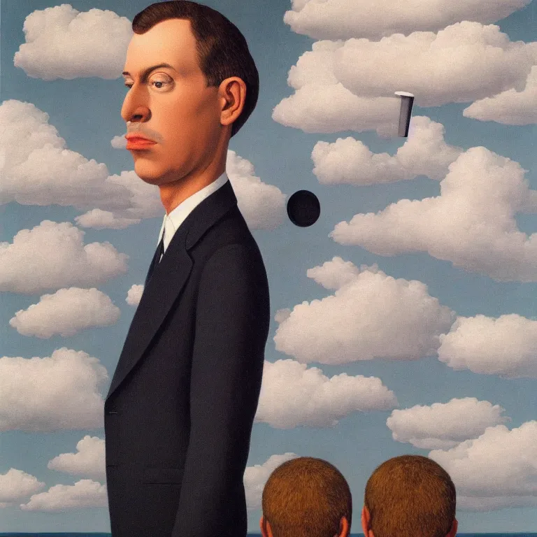 Image similar to portrait of a faceless mirror - head man in a suit, clouds in the background, by rene magritte, detailed painting, distance, middle centered, hd, hq, high resolution, high detail, 4 k, 8 k