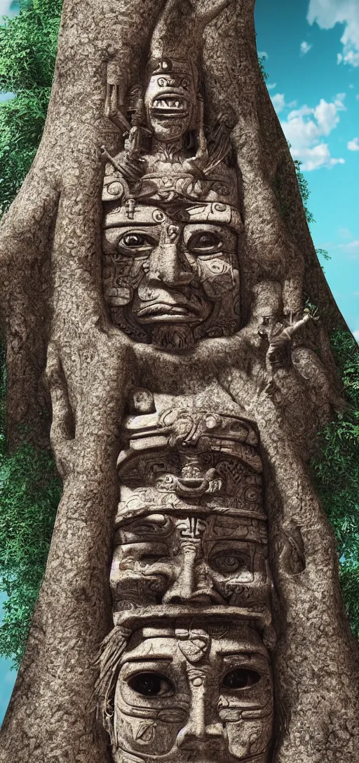 Image similar to portrait of mayan gods carved in a tree, octane render, photorealism, highly detailed, hdr, 8 k, complex 3 d render, hyper detailed, ultra sharp