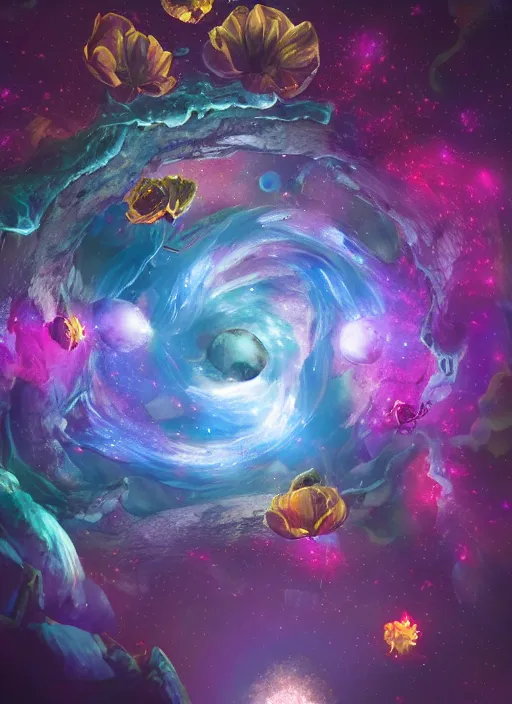 Prompt: An epic fantastic realism comic book style painting of the most beautiful spiraling flowers launched across the dark and starry Universe, floating bouquets, nebula, fisheye, unreal 5, DAZ, hyperrealistic, octane render, dynamic lighting