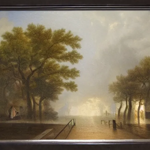 Image similar to 1750 Paris streets getting stormed, in the style of the Hudson River School