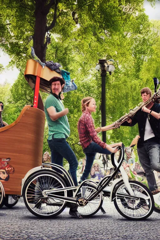 Image similar to potrait of band playing in the park with christiania cargobike. Summer. High definition, Cinematography, mega scans, cinematic, hyper realistic, photo realistic, cinematic composition, highly detailed, vray, 8k render