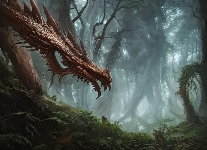 Prompt: forest dragon, fantasy, highly detailed, digital painting, trending on artstation, concept art, sharp focus, illustration, art by artgerm and greg rutkowski and magali villeneuve