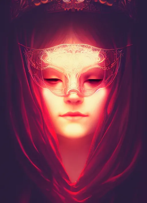 Prompt: centered portrait of a beautiful woman wearing a venetian mask, intricate concept art, ethereal, highly detailed, artstation, smooth, cinematic, mist, dramatic lighting, neon darksynth, illuminated lines, outrun, vaporware, by ruan jia and ilya kuvshinov and liam wong and alphonse mucha