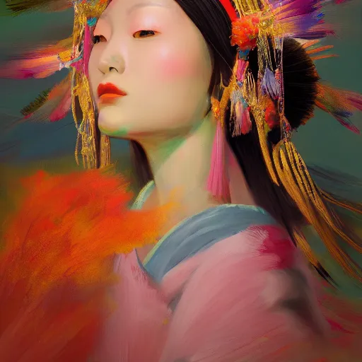 Image similar to beautiful japanese oil panting of a lady in headdress, colorful brush strokes, rendered by octane, depth of field, ultra detailed, rococo, zen concept, powerful composition, trending on artstation, 8k