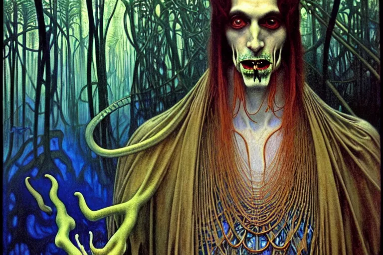 Image similar to realistic extremely detailed portrait painting of an elegantly creepy vampire man dressed as dracula, futuristic sci-fi forest on background by Jean Delville, Amano, Yves Tanguy, Alphonse Mucha, Ernst Haeckel, Edward Robert Hughes, Roger Dean, rich moody colours, blue eyes