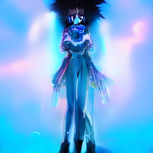 Image similar to a teenage anime android girl wearing a very high intricate detailed dress made out of water standing in a crystal clear lake with a neon lit futuristic city in the background::full body::very long black + red hair::left eye is yellow + right eye is glowing red::heterochromatic eyes::intense stare::cinematic lighting::medium shot::MCU::trending on artstation::CSP + Photoshop::WLOP + Rossdraws + James Jean + Andrei Riabovitchev + Marc Simonetti + Anastasia Ovchinnikova + Véronique Meignaud + BEN MAIER + Sakimichan