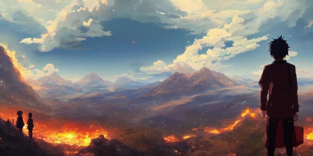 Image similar to anime character watching an apocalyptic landscape with mountains and sky is burning, hyperrealistic, trending on pixiv fanbox, painted by greg rutkowski makoto shinkai takashi takeuchi studio ghibli, akihiko yoshida