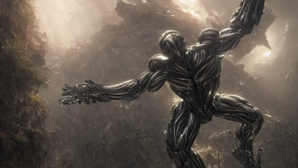 Image similar to crysis nanosuit with powerful biological muscle augmentation, megastructures, remnants of the human civilization at dusk, painted by tsutomu nihei, painted by artgerm and greg rutkowski