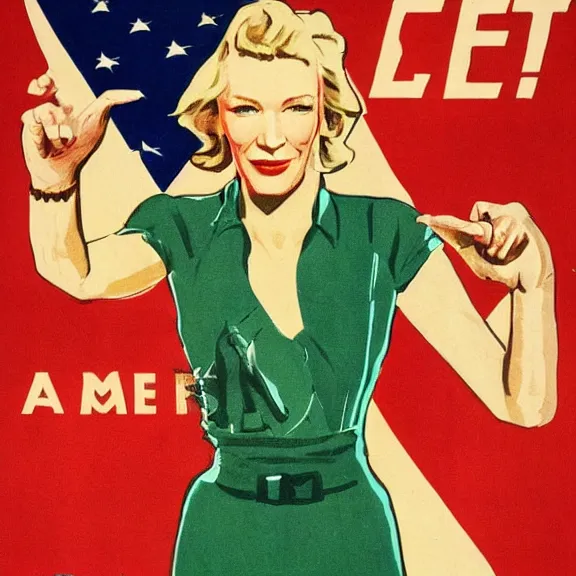 Image similar to american propaganda poster with cate blanchett , Ultra Detailed,