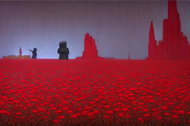 Image similar to only with red, red flowers of different types, red castle in background, red medieval big fat goblins, in the style of beksinski, parts by edward hopper, parts by rodcenko, parts by yue minjun, intricate and epic composition, red by caravaggio, insanely quality, highly detailed, masterpiece, red light, artstation, 4 k