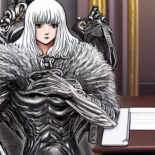 Prompt: griffith from berserk manga by kentaro miura sitting at his white house oval office desk