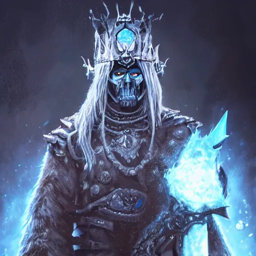 Image similar to a matte full likeness painting of travis scott as the lich king wearing a crown made of ice, icey, world of warcraft, digital art, fantasy, realistic lighting, in the style of greg rutkowski